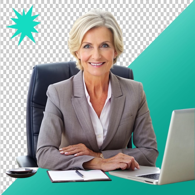 PSD mature businesswoman sitting on her desk on transparent background