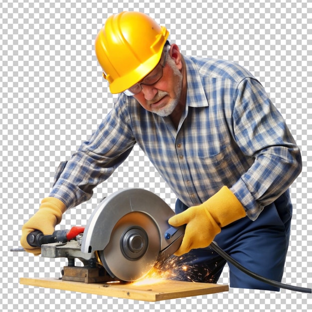 PSD mature construction worker cutting metal with circa transparent background