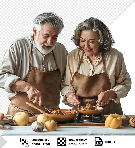 PSD a mature couple in the kitchen cooking together with the man wearing a brown apron and gray hair and the woman wearing a brown apron and gray hair they are surrounded by a white png psd