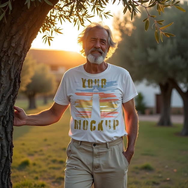 PSD mature man in customizable white tshirt mockup under olive tree at sunset