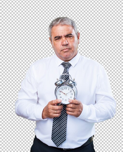 PSD mature man holding an alarm clock