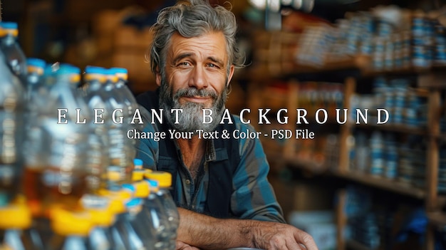 Mature man working as volunteer at community center and arranging donated food and water in boxes