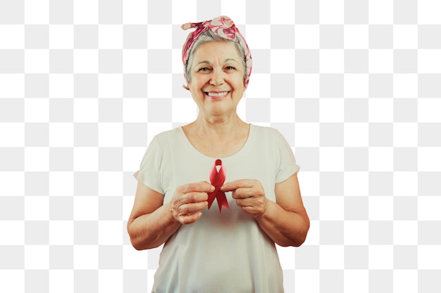 Mature Woman With Pink Ribbon isolated for breast cancer campaign