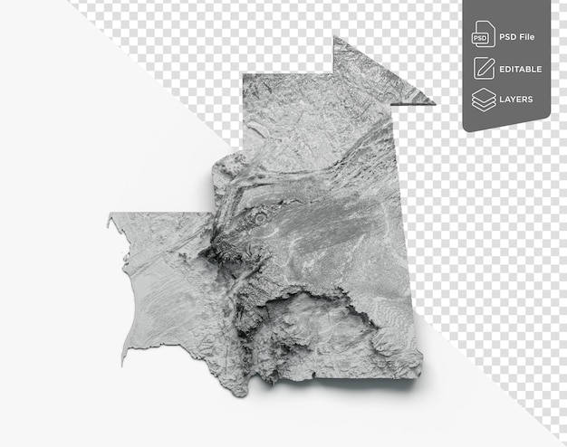 Mauritania Map Shaded relief Color Height map on isolated Background 3d illustration