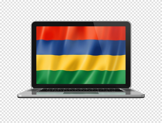 Mauritius flag on laptop screen isolated on white 3D illustration