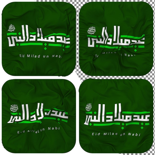 Mawlid an Nabi Flag Squire Shape Isolated Different Waving Style Bump Texture 3D Rendering