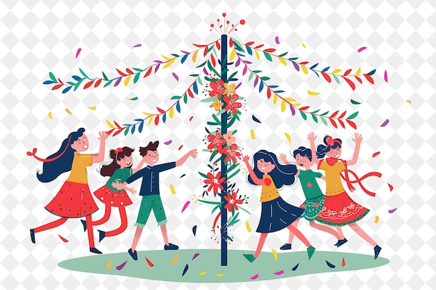 PSD may day festival with children dancing around a maypole desi png festival 2d flat art illustrations