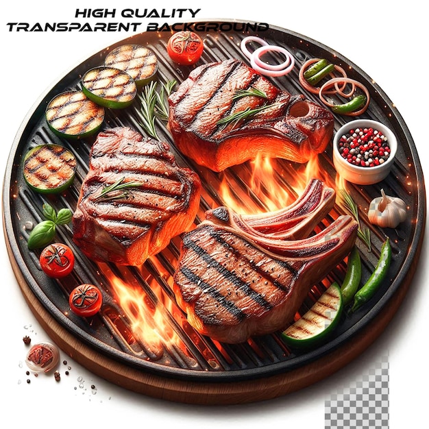 Meat steak with grilled vegetables on a dark plate on transparent background