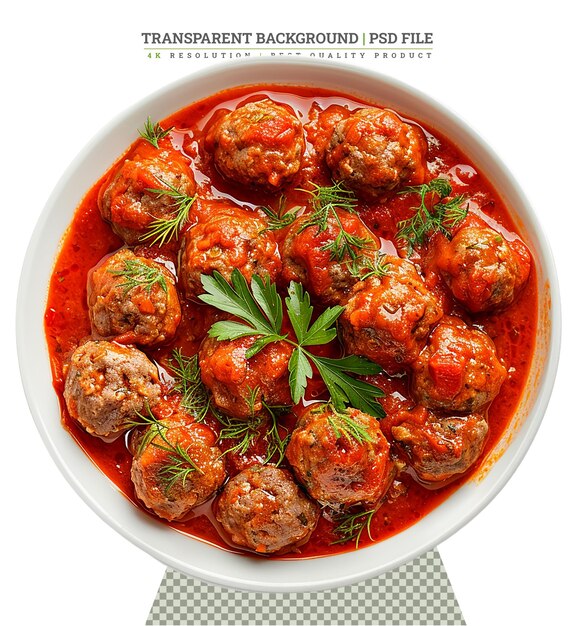 PSD meatballs in tomato sauce garnished with basil in bowl