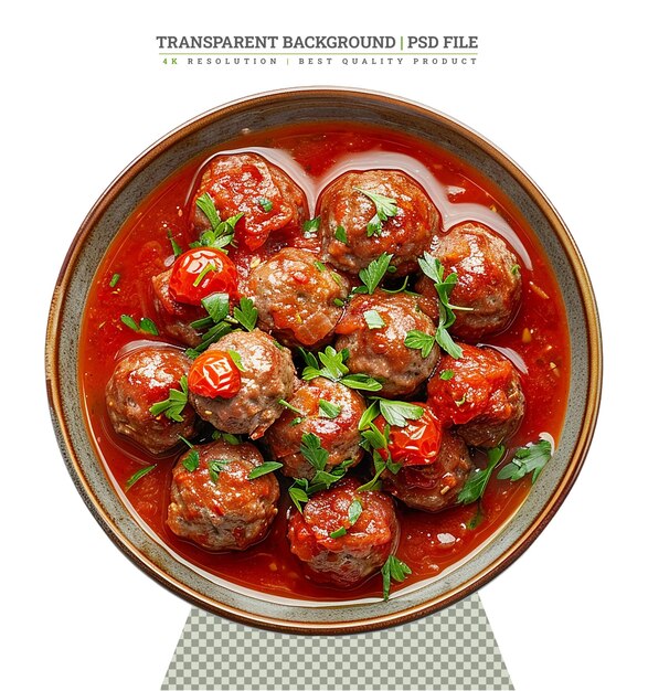 PSD meatballs in tomato sauce garnished with basil in bowl