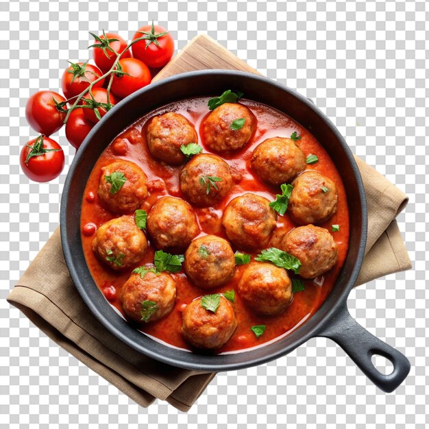 PSD meatballs with tomato sauce in cast iron skillet isolated on transparent background