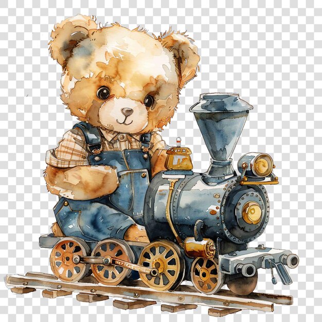 PSD mechanic female teddy bear operating a train watercolor nurseryon transparent background