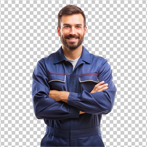 PSD mechanic standing with crossed arms on transparent background