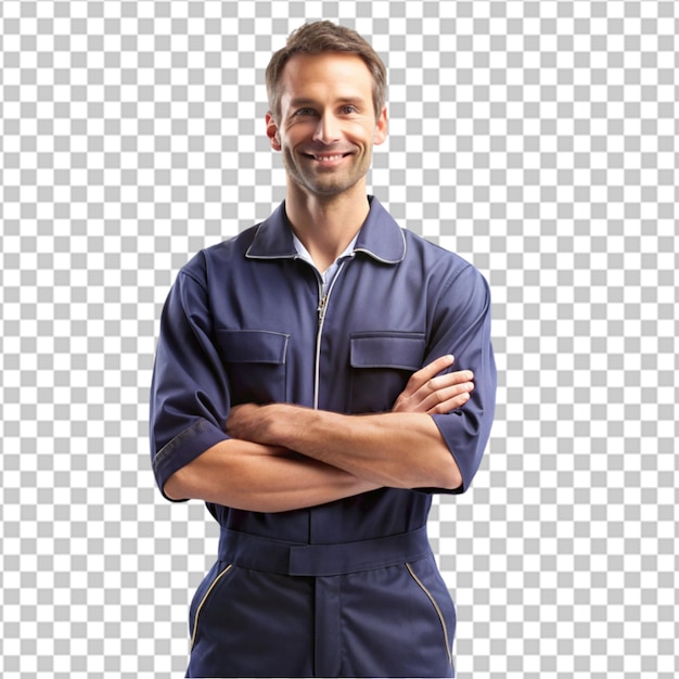 PSD mechanic standing with crossed arms on transparent background