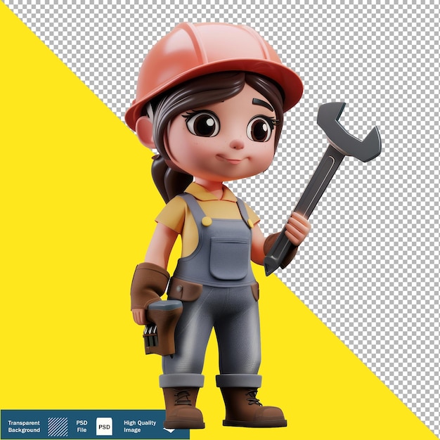 PSD mechanic woman cartoon portrait 3d isometric render transparent background png psd