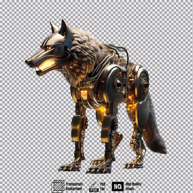 A mechanical wolf with hydraulic legs and sharp glowing fangs