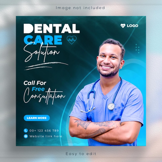 Medical Dentist and dental health care social media post or square web banner Instagram template