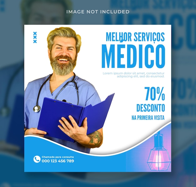 Medical doctors promotion post social media in Portuguese template design in brazil