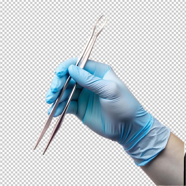 medical hands holding a tweezer on transparent background