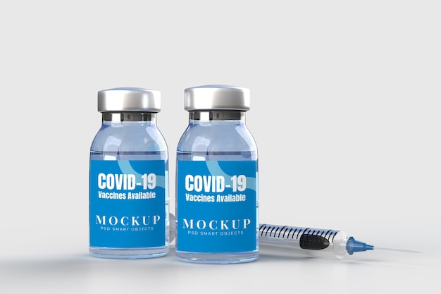 Medical tools and COVID-19 Vaccines. Banner mockup template for hospital, clinic, medical business concept. 3D rendering