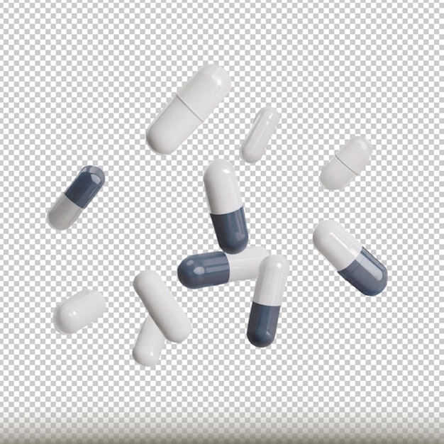 PSD medicine capsules falling mockup with copy space isolated on transparent background