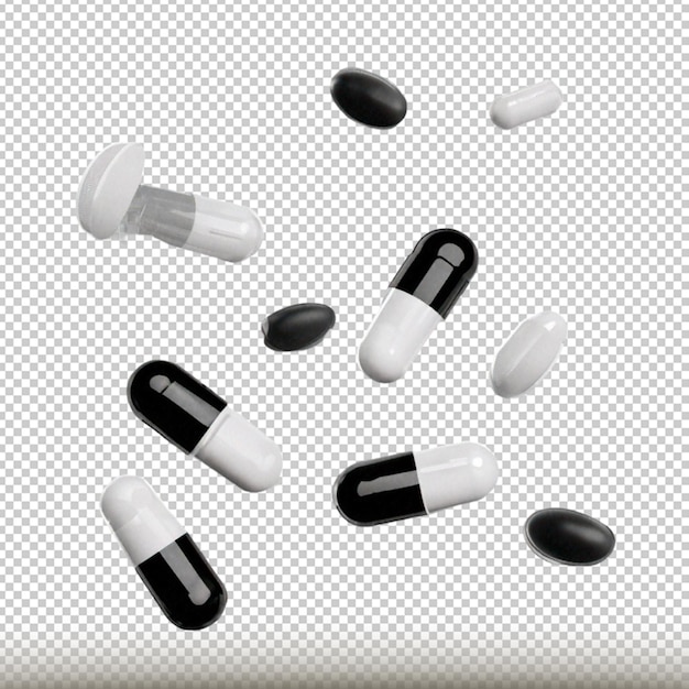 Medicine capsules falling mockup with copy space isolated on transparent background