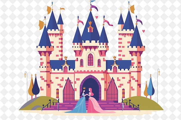 Medieval Castle With Cinderella and Prince Charming Having a People Life Style Flat Illustration