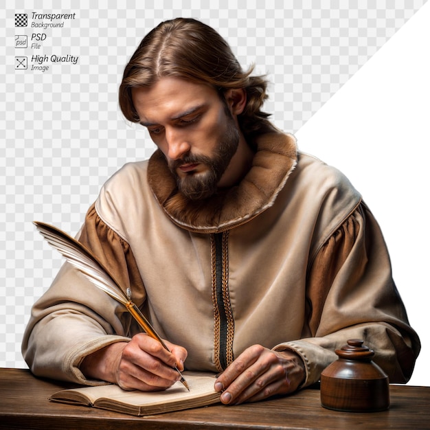 Medieval monk writing diligently with quill and ink