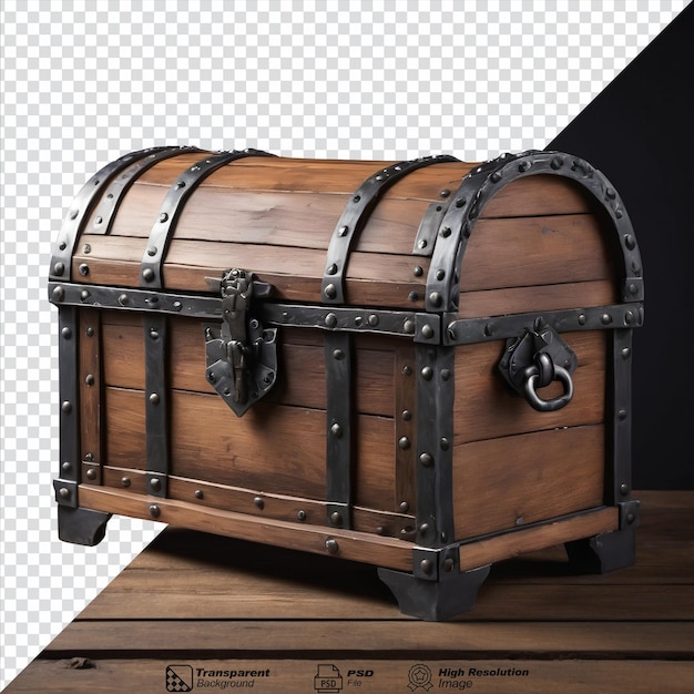 Medieval pirate chest made of wood and iron against a transparent background isolated