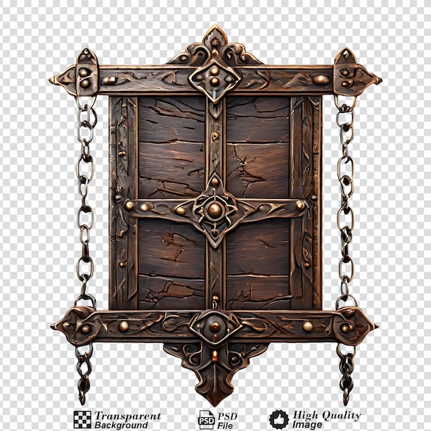 medieval wooden sign hanging on chains isolated on transparent background