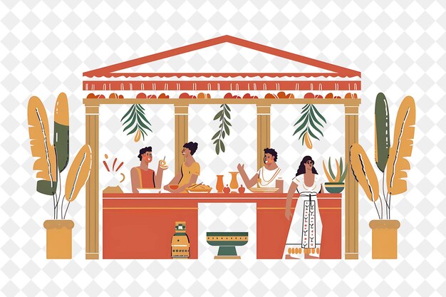 Mediterranean Villa With Greek God and Goddess Characters Ha People Life Style Flat Illustration