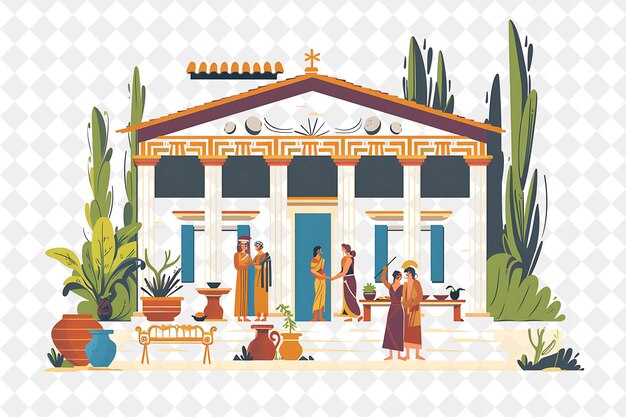 Mediterranean Villa With Greek God and Goddess Characters Ha People Life Style Flat Illustration