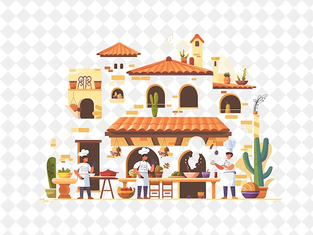 Mediterranean Village With Chef Characters Having a Cooking People Life Style Flat Illustration