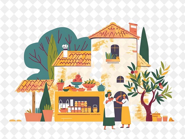 Mediterranean Village With Chef Characters Having a Cooking People Life Style Flat Illustration