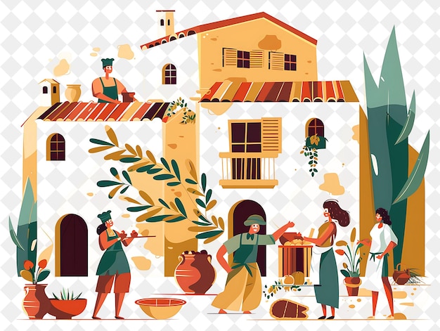 Mediterranean Village With Chef Characters Having a Cooking People Life Style Flat Illustration