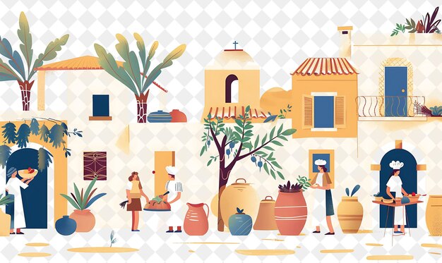 Mediterranean Village With Chef Characters Having a Cooking People Life Style Flat Illustration