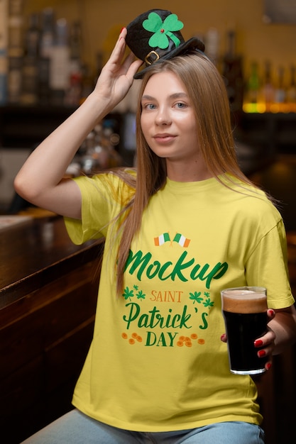 PSD medium shot woman wearing st patricks day tshirt