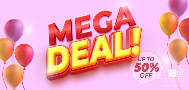 Mega deal promotion banner with custom text editable 3D style text effect