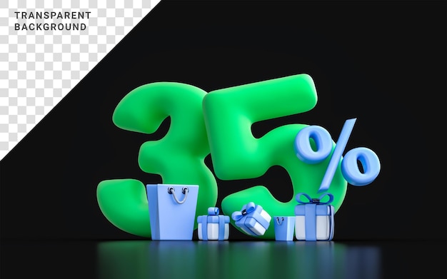 mega sell offer 35 percent discount with shopping bag and gift box on dark background 3d render