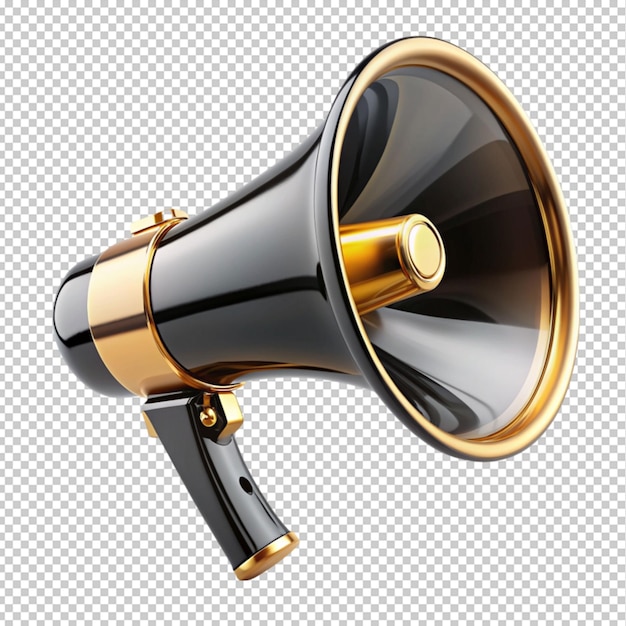 Megaphone is black with gold elements isolated on transparent background