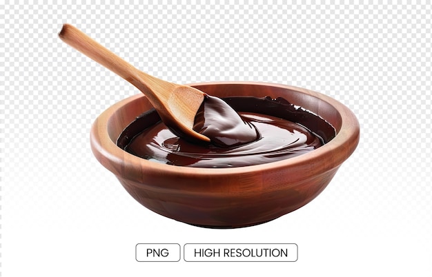 Melted chocolate sauce with a wooden spoon in a wooden bowl on a transparent background