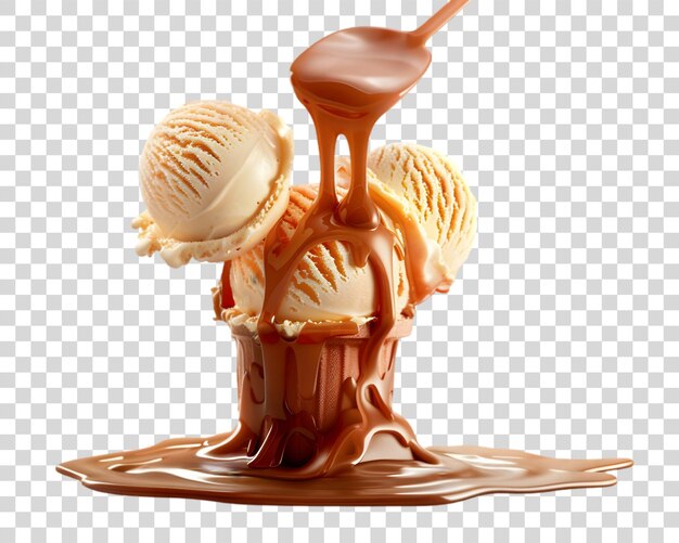 PSD melting sauce velvety caramel cascading over a tower of ice cream scoops on transparent backgroun