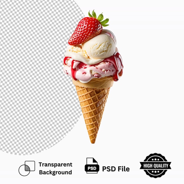 Melting Strawberry and Vanilla Ice Cream cone isolated on transparent background