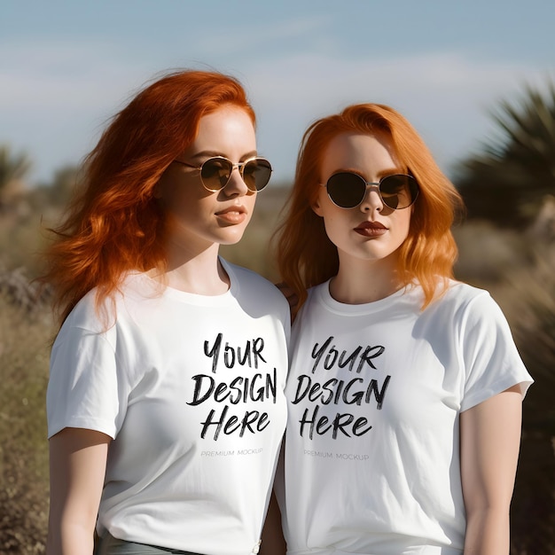 Memorable Moments Matching White TShirt Mockup with Two Ginger Hair Twin Sisters