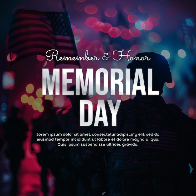 PSD memorial day banner template with army and flag background