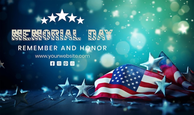 PSD memorial day concept american flag decoration with stars on green background