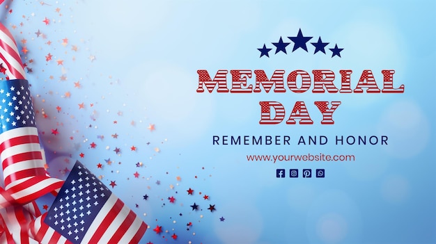 PSD memorial day concept american flag decoration with stars on light blue background