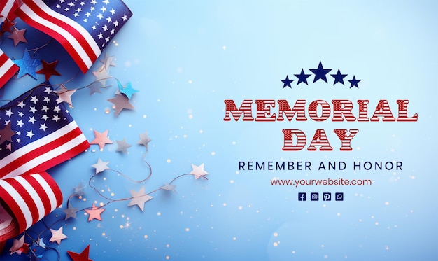 PSD memorial day concept american flag decoration with stars on light blue background