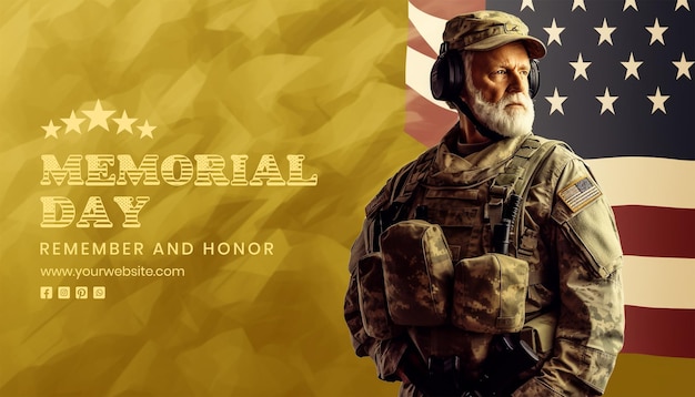 Memorial Day concept man wearing a military uniform with American flag on field drab background