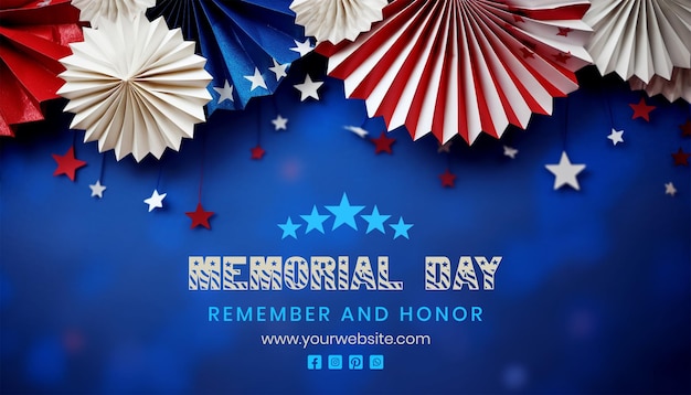 PSD memorial day concept several red white and blue american flag stars decoration on blue background